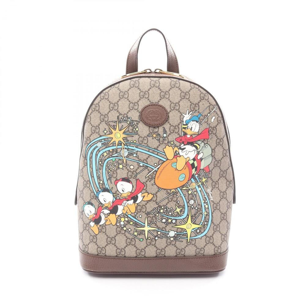 Gucci Disney Donald Duck GG Supreme Backpack Bag Canvas Leather Beige Brown